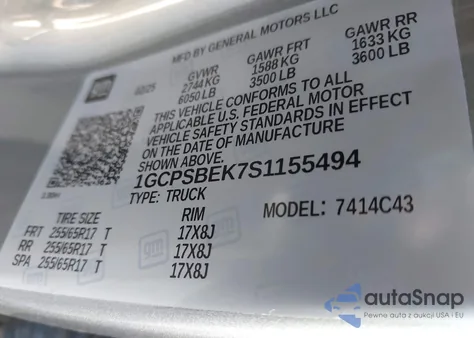 2025 Chevrolet Colorado 2Wd Wt z USA, uszkodzony, nr VIN 1GCPSBEK7S1155494